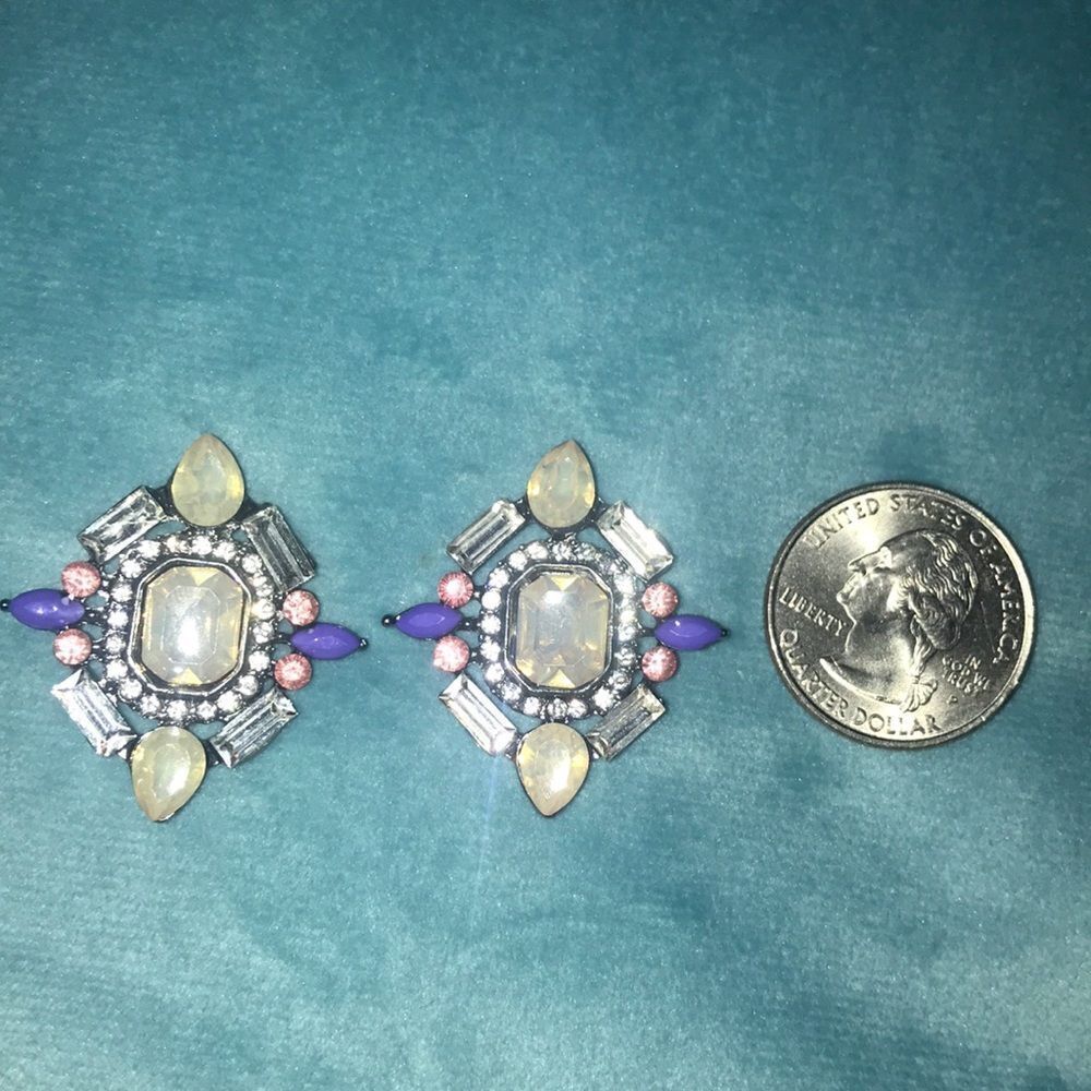 Art Deco Statement Earrings Purple Pink Gold Tone Geometric - Picture 3 of 3